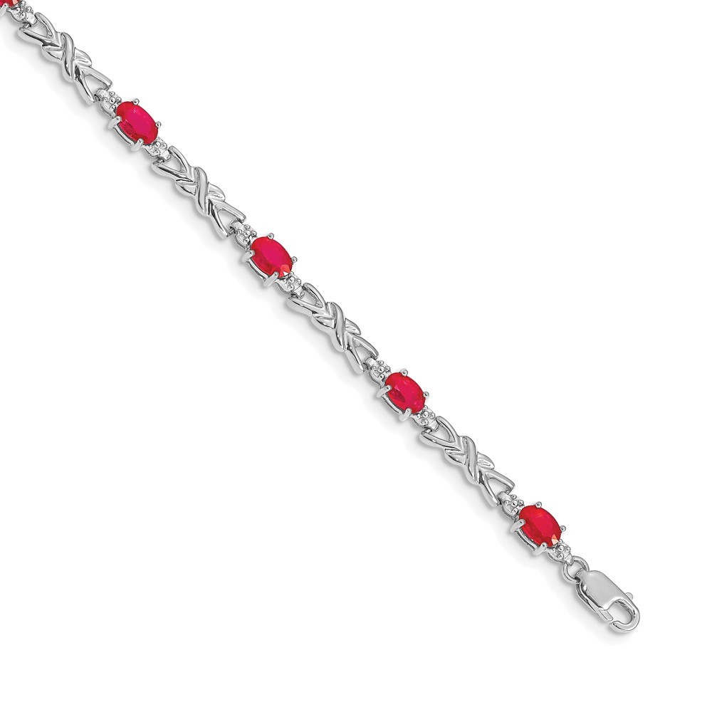 14k White Gold Diamond and Red Ruby (July Birthstone) Bracelet, 7.25" Length